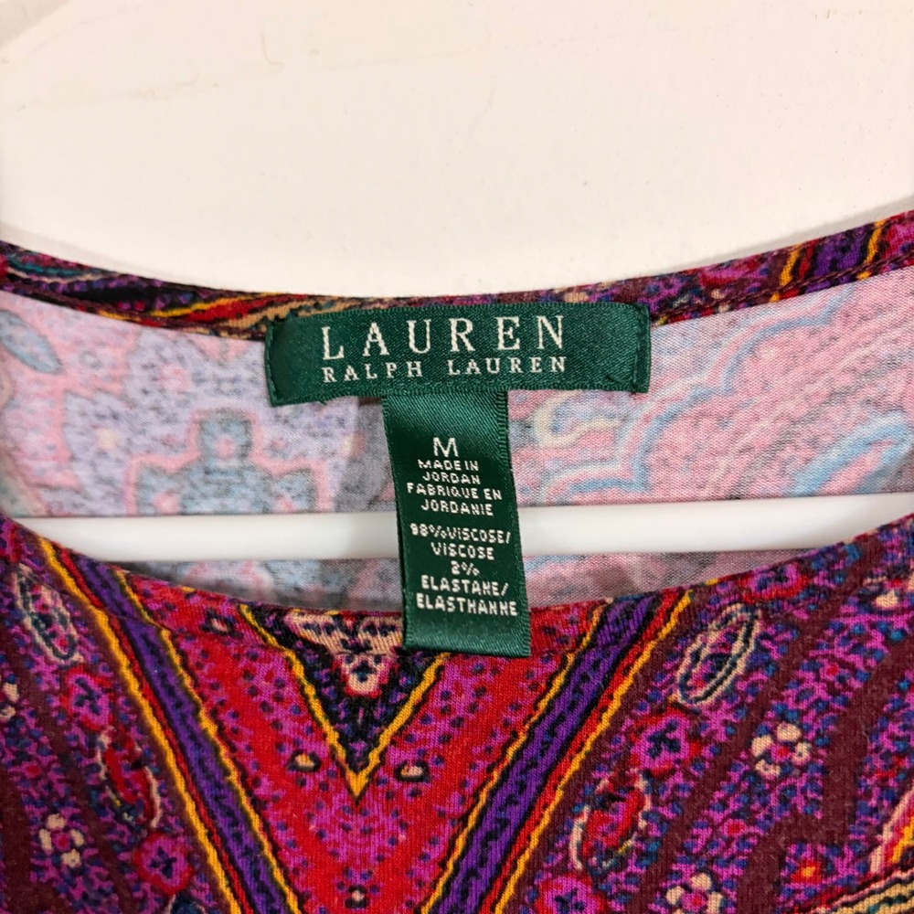 Lauren Ralph Lauren Paisley Top Womens M Purple Red Ruched Long Sleeve - Picture 2 of 6